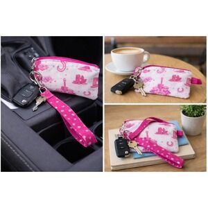 Pink Western Cowboy Boot Disco Ball Wristlet Pouch Handmade Small Makeup Bag